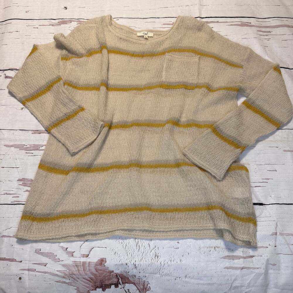 Easel Women's Ivory & Yellow Striped Loose‎ Knit Sweater with Pocket
